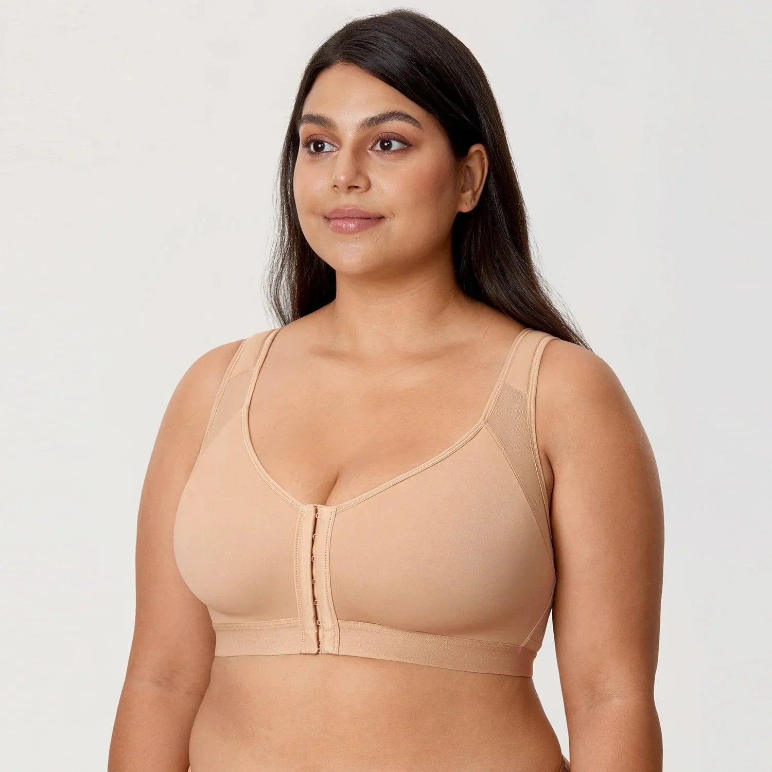 Back view of beige plus size bra with reinforced support panels and adjustable straps - MissFine