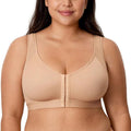 Front view of beige seamless full coverage bra with zipper closure and molded cups - MissFine