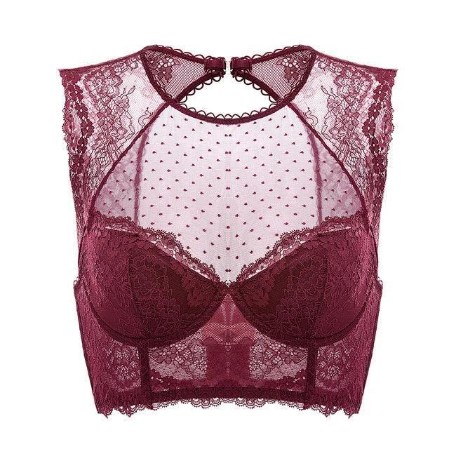 Front view of lace longline full cup underwired bra with high-neck mesh panel in burgundy - MissFine
