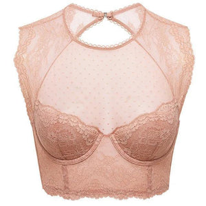 Close-up of floral lace and dotted mesh on the neckline of the lace full cup bra - MissFine