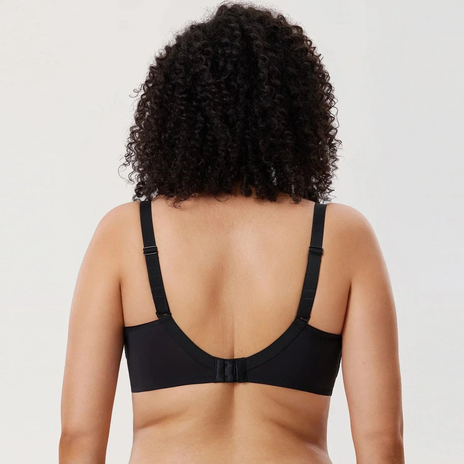 Back view showing wide band, adjustable straps and multi-hook back closure on black bra - MissFine