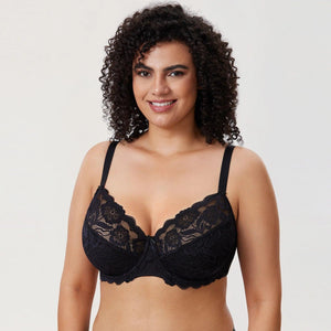 Front view of white lace underwire plus size bra with floral overlay and full cups - MissFine