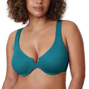 Back view of plus size bra highlighting band design and strap placement in solid gray fabric - MissFine