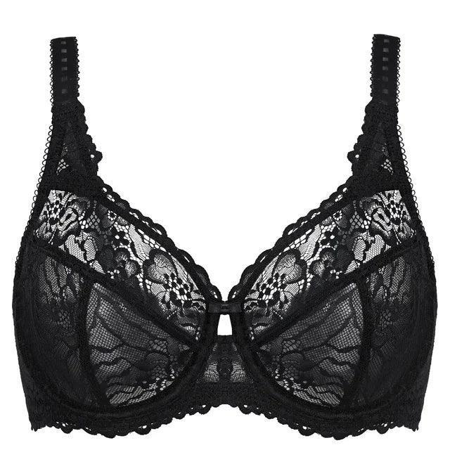 Close-up of floral lace overlay and underwire structure on black minimiser bra - MissFine