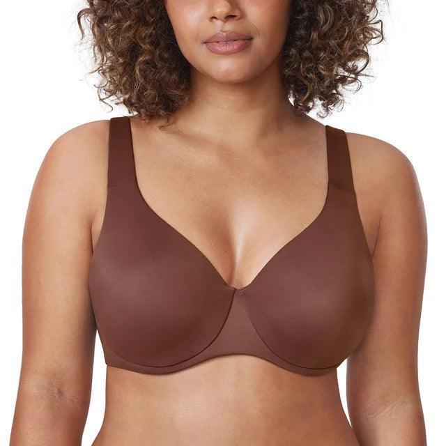 Side angle brown cotton full cup bra showing seamless T-shirt profile and underwire shaping at the cups - MissFine