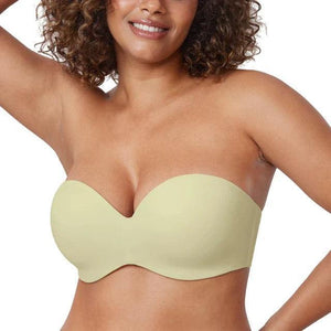 Front view of black seamless strapless bra with molded plunge cups and underwire - MissFine