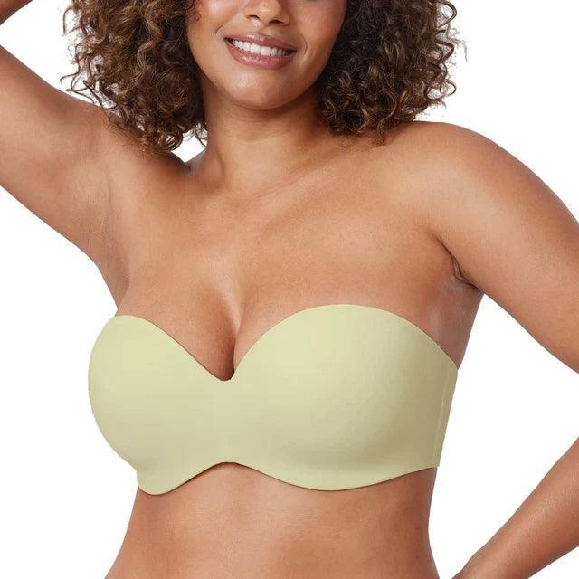 Front view of black seamless strapless bra with molded plunge cups and underwire - MissFine