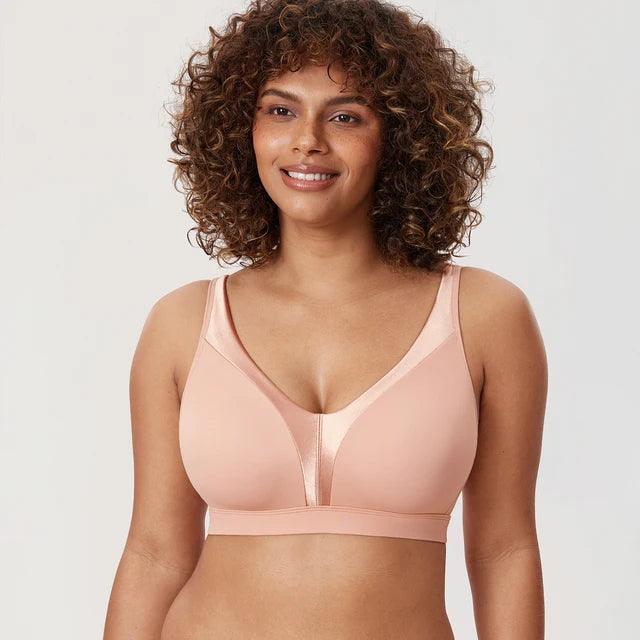 Side angle showing smooth seamless cups and adjustable straps on wireless full coverage bra - MissFine