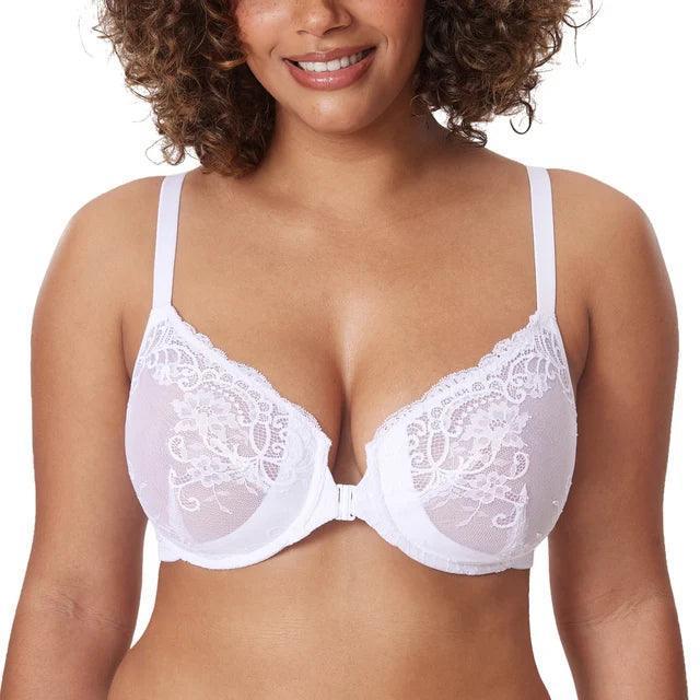 Side angle showing plunge neckline and underwire support on red seamless bra with support design - MissFine