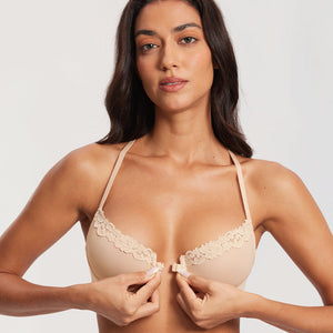 Back view showing racerback straps and smooth elastic band on the front-closure bra - MissFine