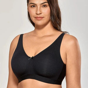 Side angle showing wireless soft cups and wide adjustable straps for plus size support - MissFine