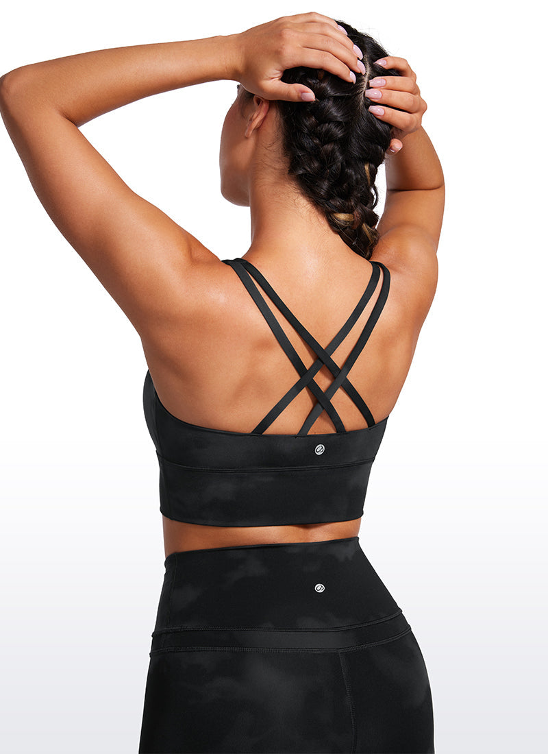 Longline Criss Cross Bra - Criss Cross Back, Extended Length - Black Floral