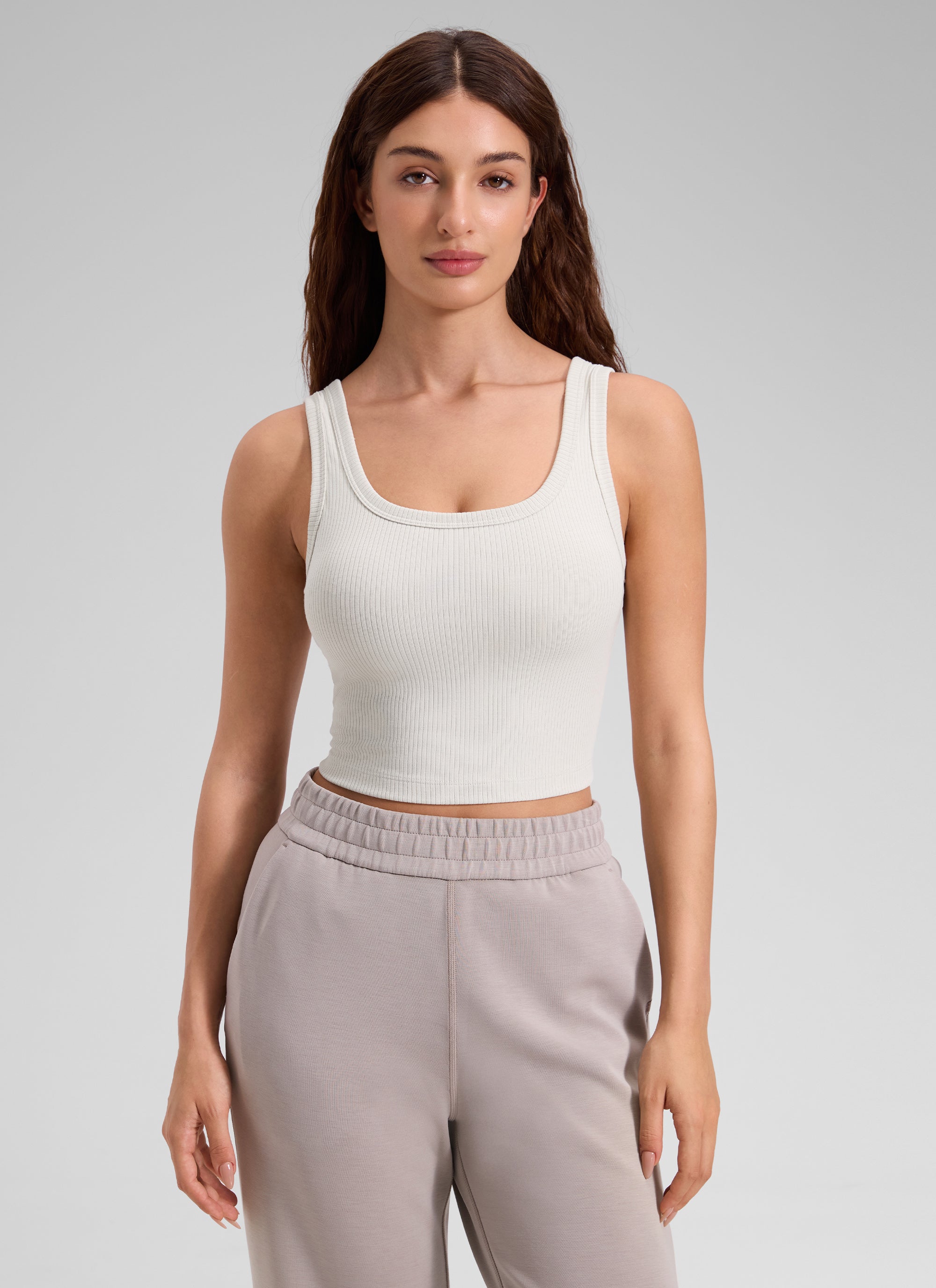 Ribbed Bra Tank Top - Ribbed Texture, U Neck