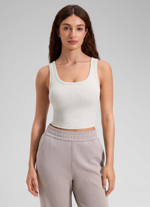 Ribbed Bra Tank Top - Ribbed Texture, U Neck