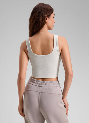Ribbed Bra Tank Top - Ribbed Texture, U Neck