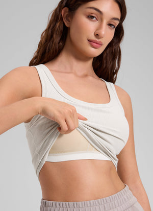 Ribbed Bra Tank Top - Ribbed Texture, U Neck