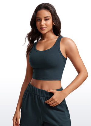 Ribbed Bra Tank Top - Ribbed Texture, U Neck - Navy