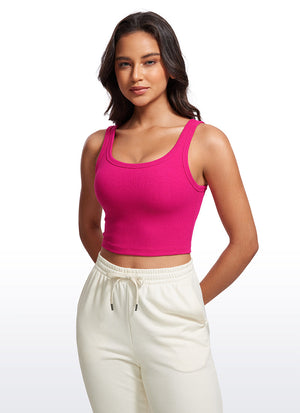 Ribbed Bra Tank Top - Ribbed Texture, U Neck