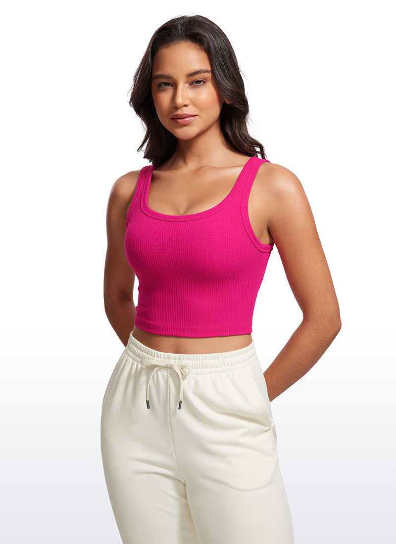 Ribbed Bra Tank Top - Ribbed Texture, U Neck