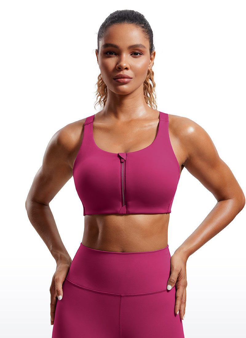 High Impact Sports Bra - Zip Front, Full Coverage - Magenta