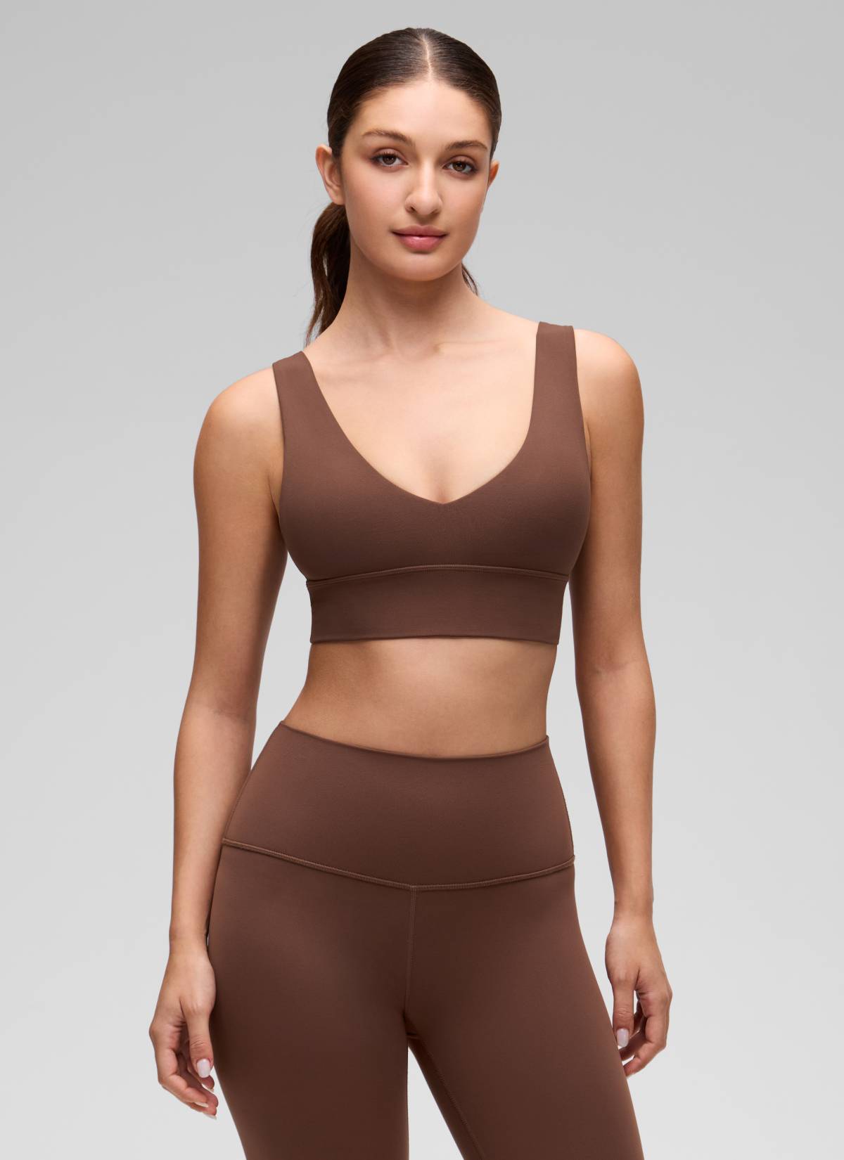 Deep V Neck Longline Bra - Deep V, Extended Length - Coffee