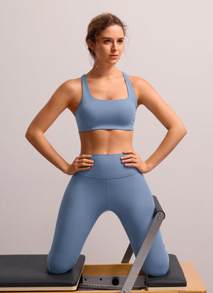 Square Neck Sports Bra - Double Lined, Wide Strap - Denim