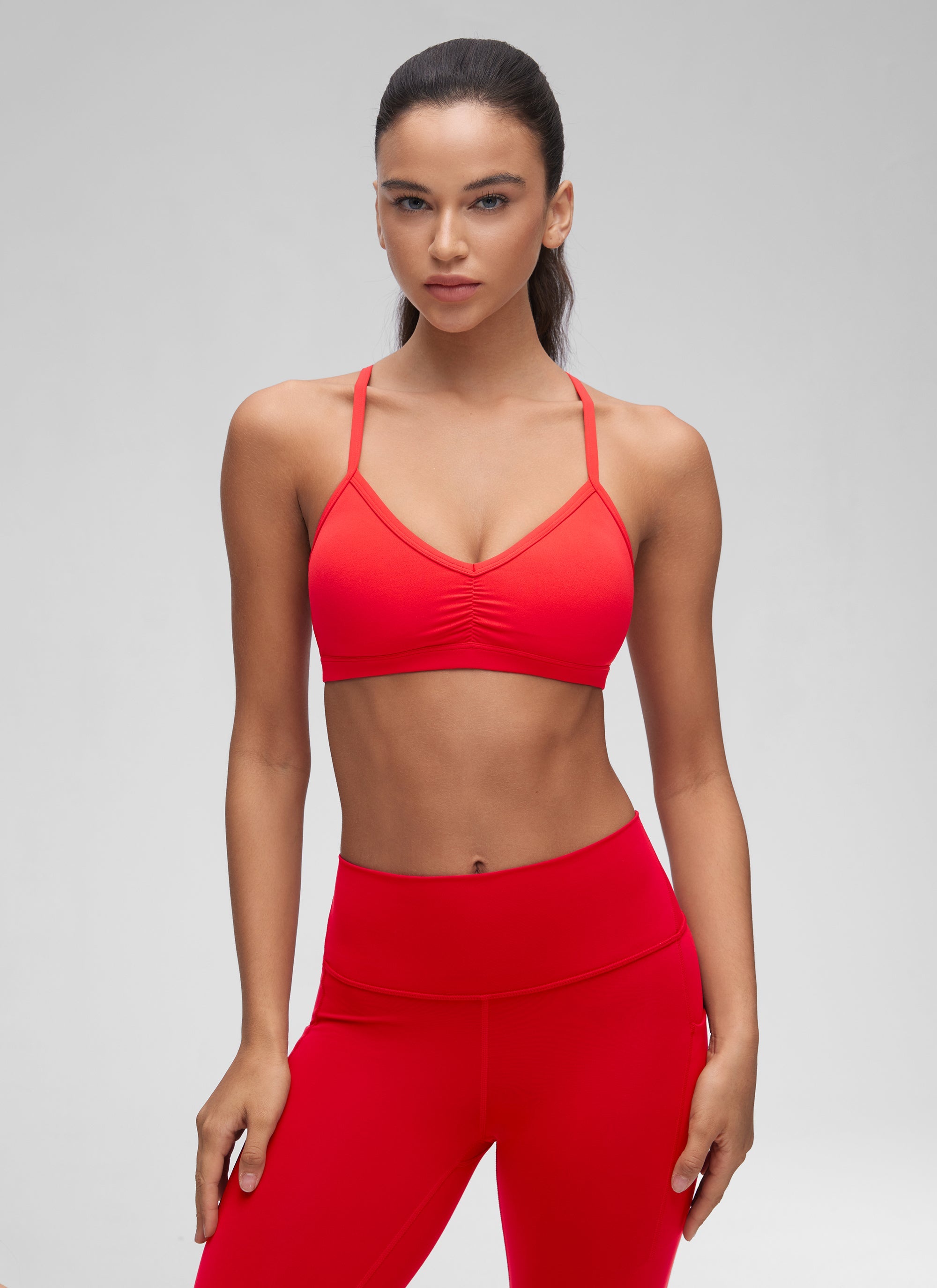 Ruched V Neck Sports Bra - Ruched Front, V Neckline