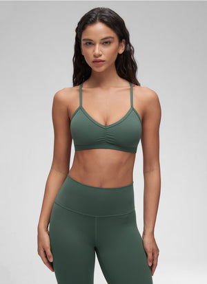 Ruched V Neck Sports Bra - Ruched Front, V Neckline - Forest