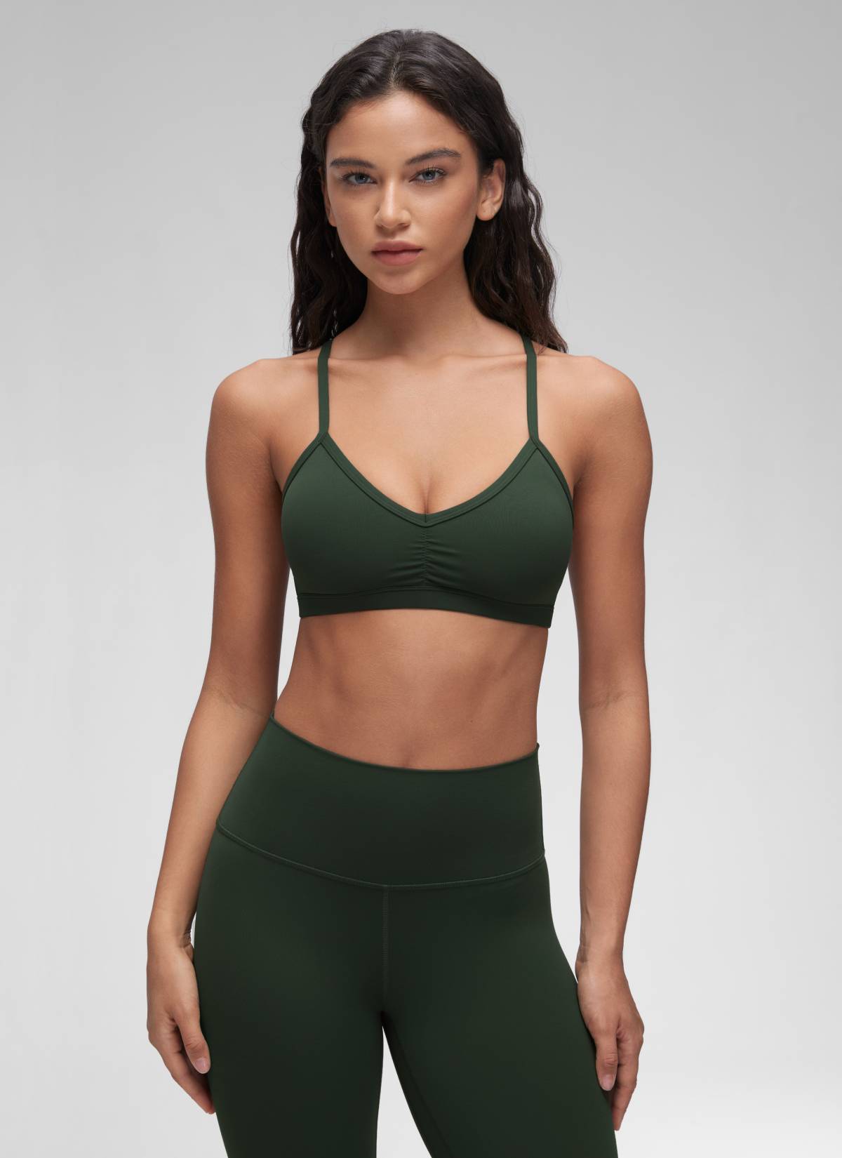 Ruched V Neck Sports Bra - Ruched Front, V Neckline