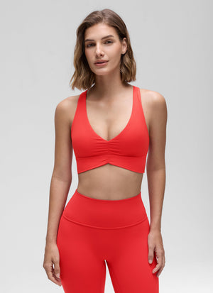 Ruched V Neck Longline Bra - Ruched Detail, V Neck, Longline - Burgundy
