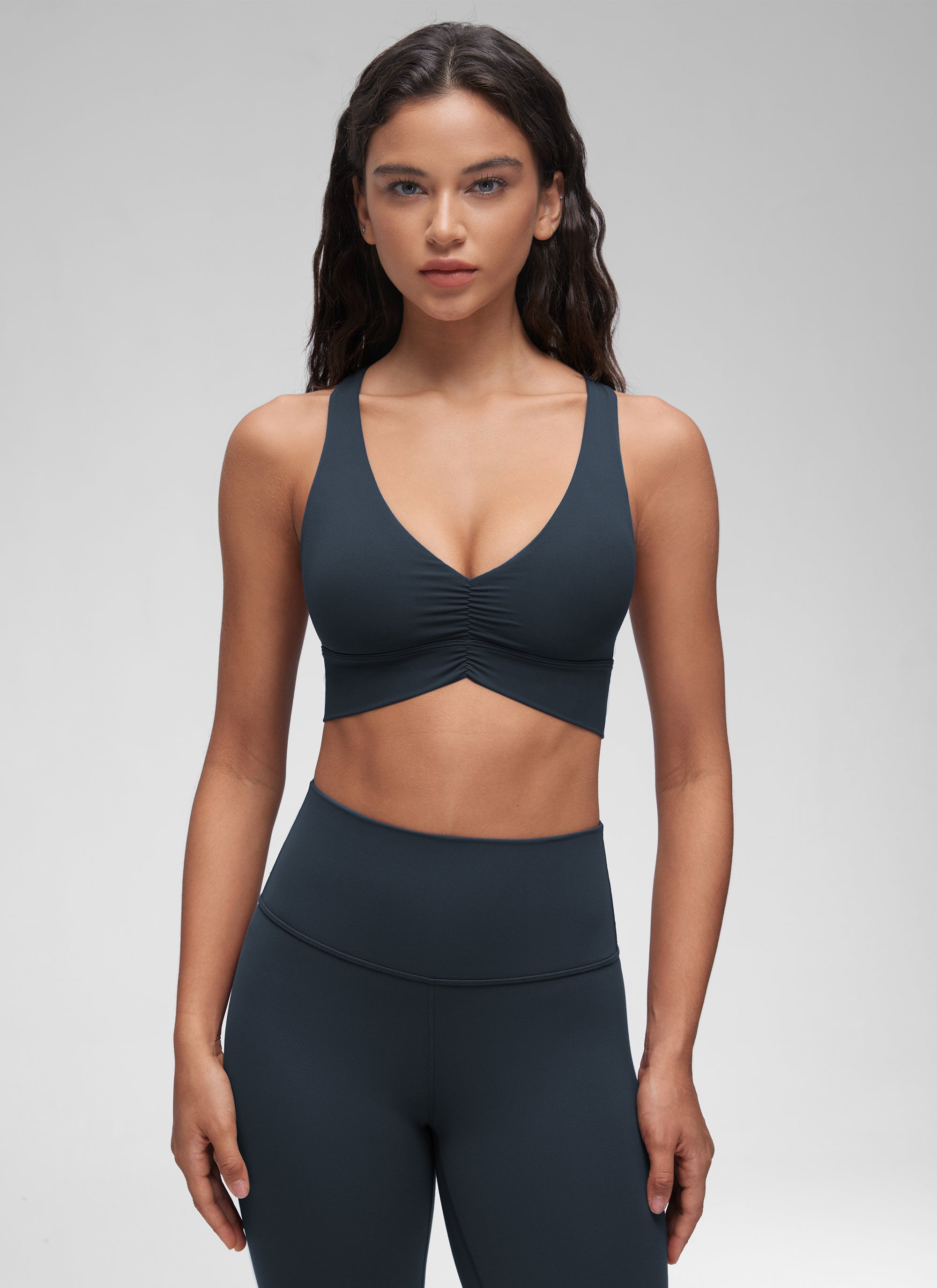 Ruched V Neck Longline Bra - Ruched Detail, V Neck, Longline