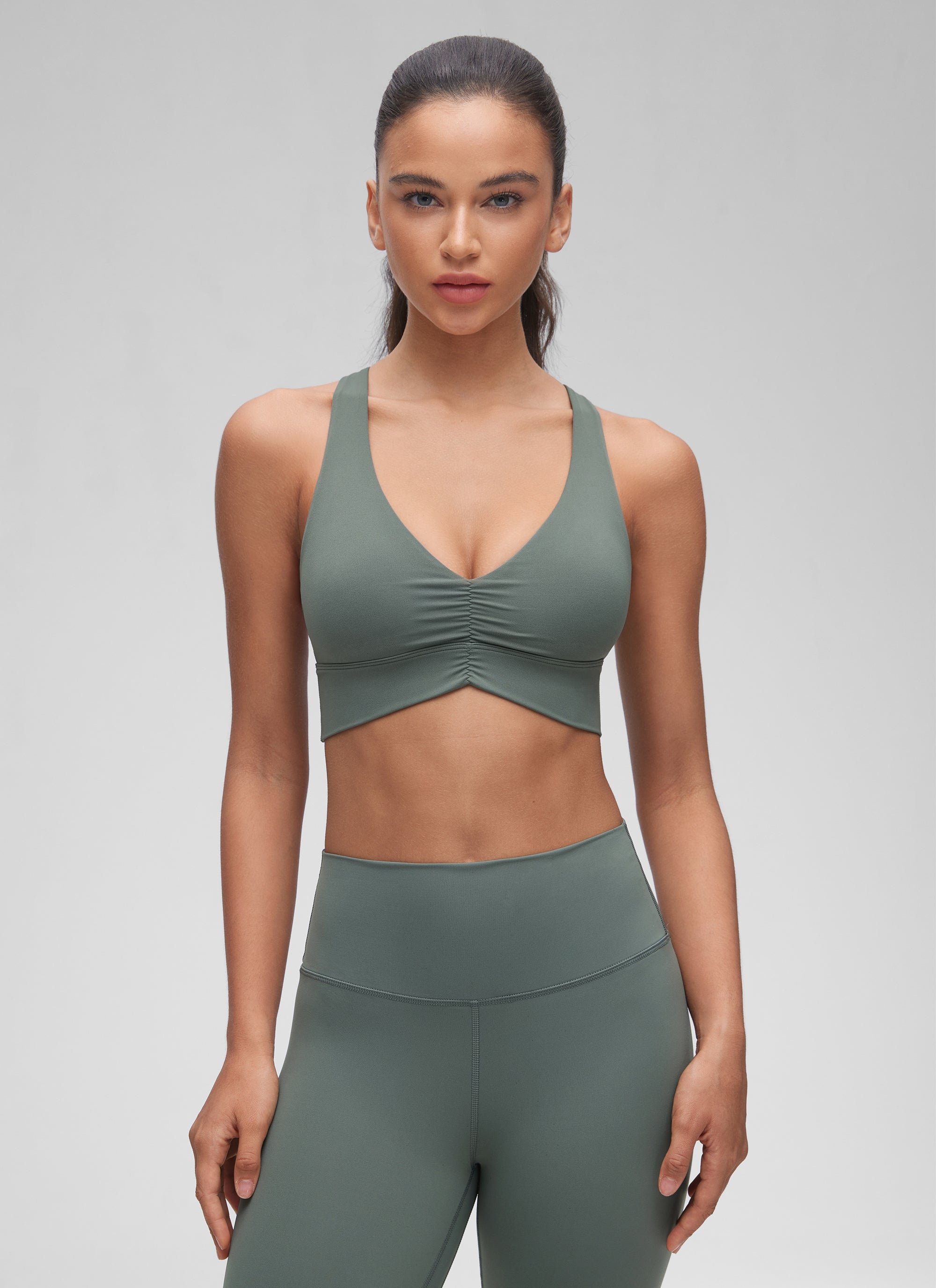 Ruched V Neck Longline Bra - Ruched Detail, V Neck, Longline