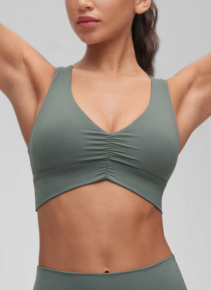 Ruched V Neck Longline Bra - Ruched Detail, V Neck, Longline