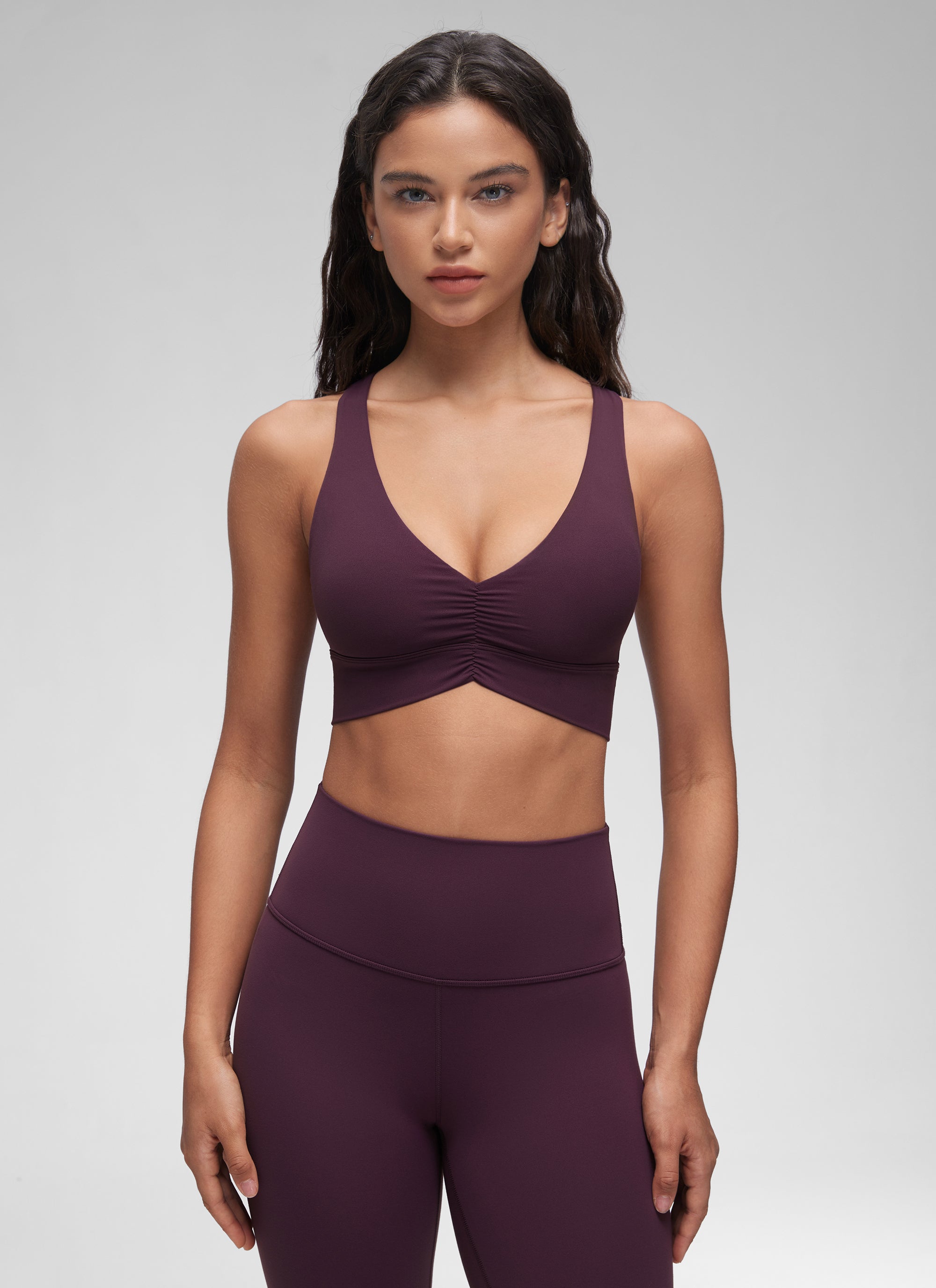 Ruched V Neck Longline Bra - Ruched Detail, V Neck, Longline