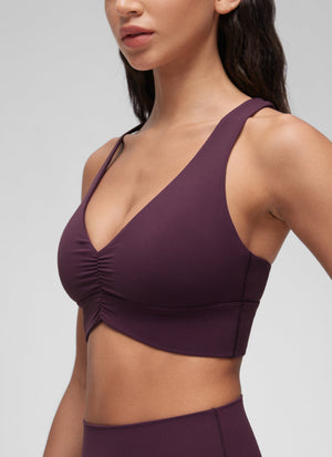 Ruched V Neck Longline Bra - Ruched Detail, V Neck, Longline