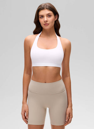 Open Back Sports Bra - Scoop Neck, Cut-out Back - White
