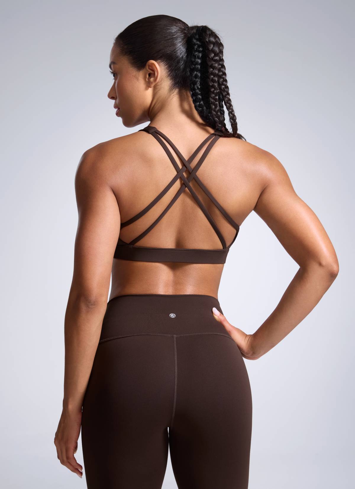 Criss Cross Back Sports Bra - Breathable Fabric, Secure Fit - Brown