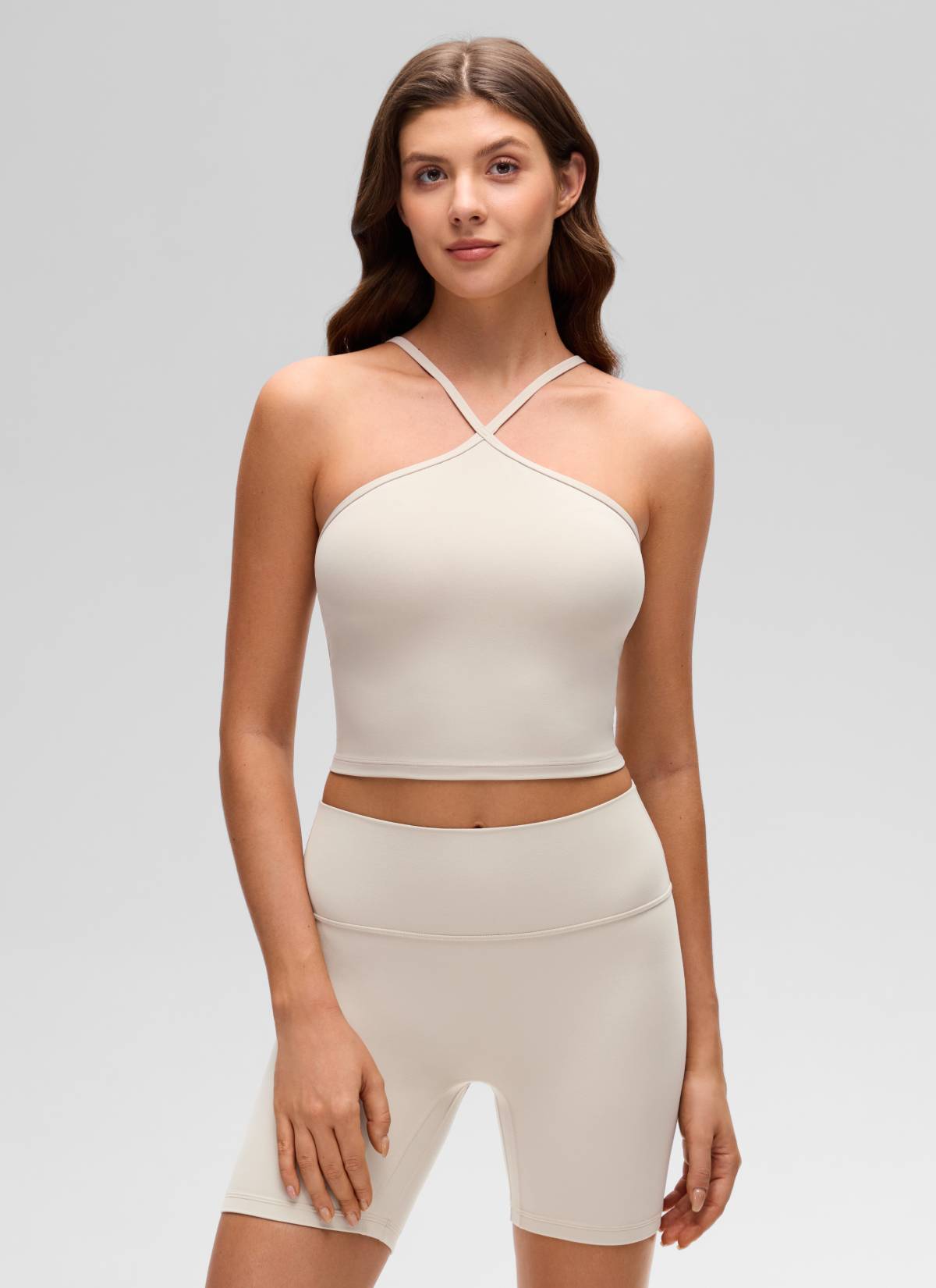Halter Sports Bra - Cross Halter, Built-in Bra Tank - Tan