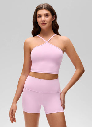 Halter Sports Bra - Cross Halter, Built-in Bra Tank