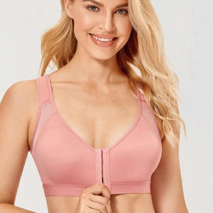 Front view of black full-coverage front zip bra with wide straps and smooth cups - MissFine