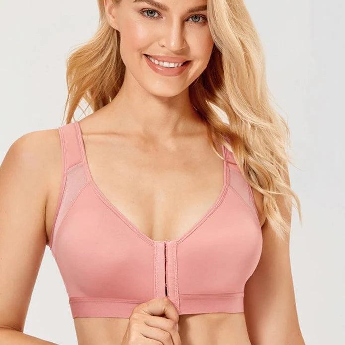 Front view of black full-coverage front zip bra with wide straps and smooth cups - MissFine