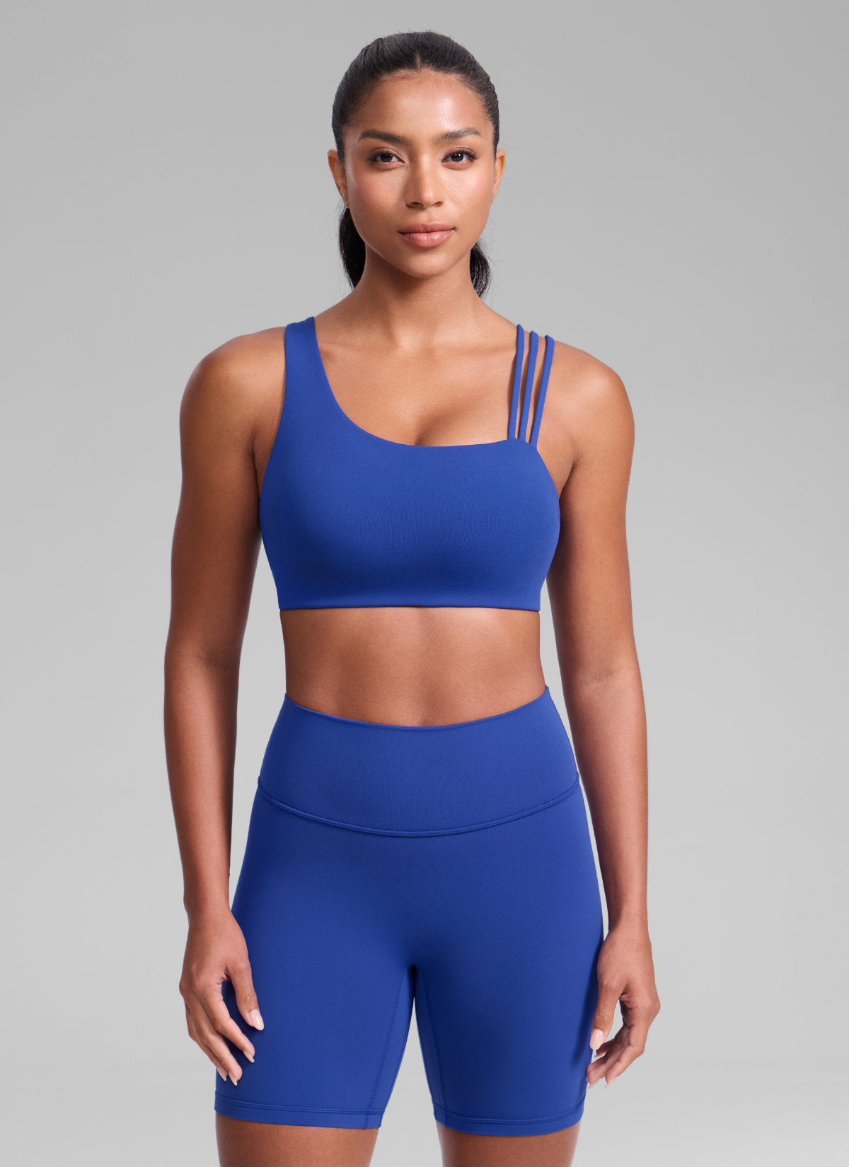 Gym Bra - Asymmetric Straps, Medium Support - Waves Blue