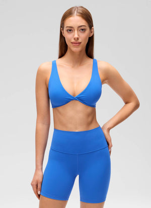 V Neck Sports Bra - Twist Front, U Back - Blue
