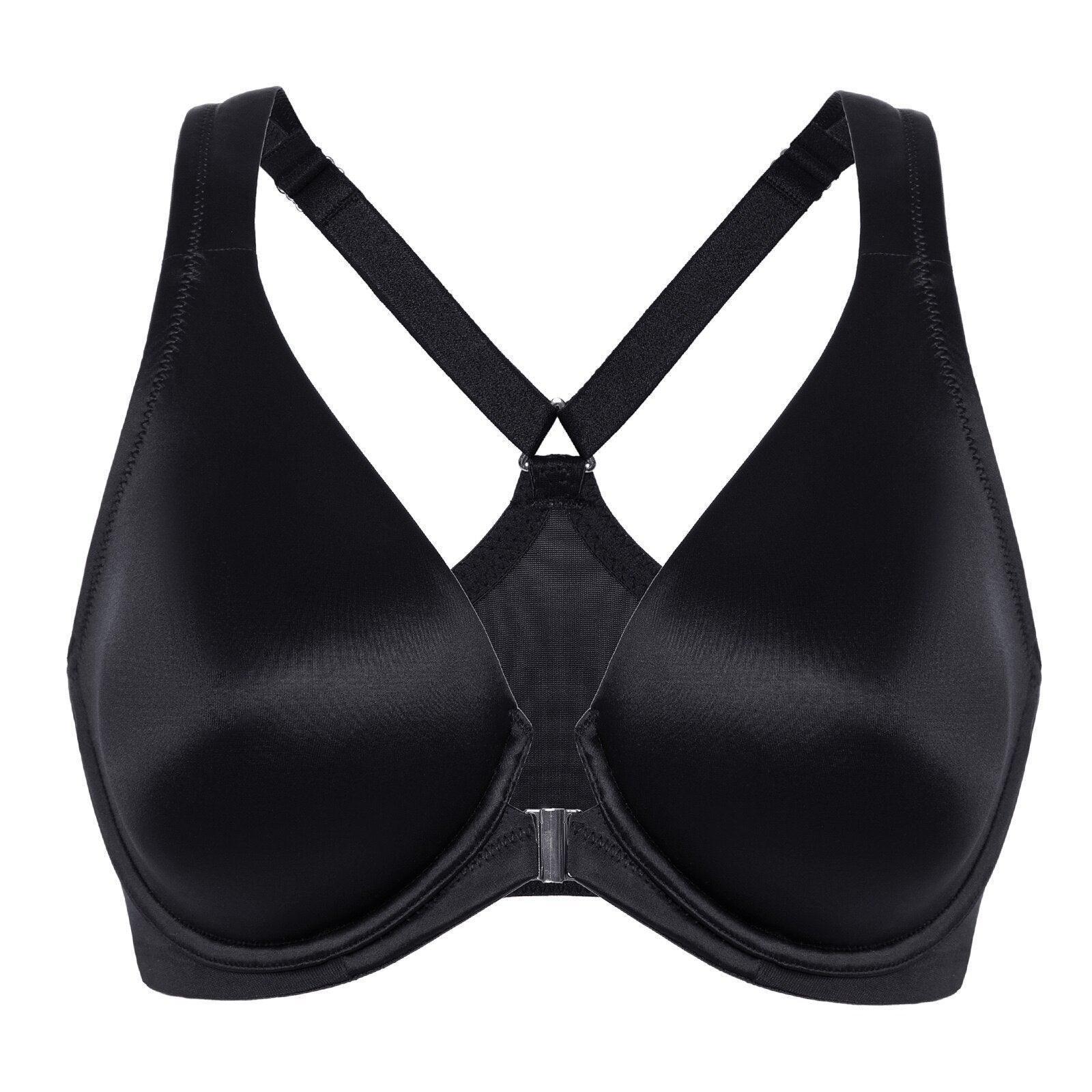 Back view of black bra showing convertible cross-back straps and smooth wide band - MissFine