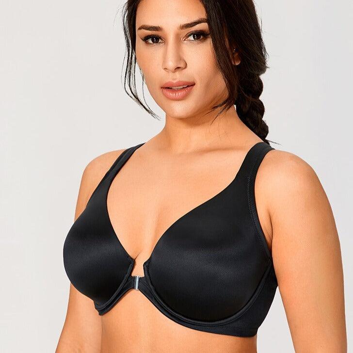 Front view of black full coverage front-closure bra with molded cups and adjustable straps - MissFine