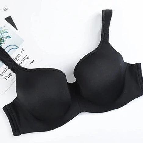 Side angle of gray seamless molded cup bra showing wide-set adjustable straps and back closure - MissFine