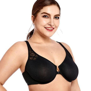 Front view of black full coverage leopard print bra with front clasp and molded cups - MissFine