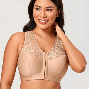 Front view of plus size nude non wired full cup bra with lace and front zipper closure - MissFine