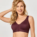 Front view of bordeaux plus size front closure bra with wide straps and full coverage cups - MissFine