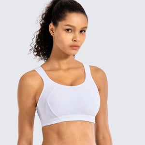 Side angle of racerback sports bra showing wide straps and seamless full coverage cups in white - MissFine